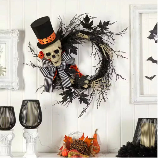 26 in. Black Dapper Skeleton Halloween Wreath，Scare the goblins and ghosts with this fun wreath that will be a hit. 0