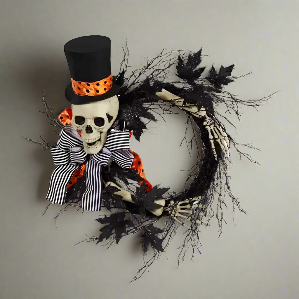 Royallure 26" Black Dapper Skeleton Halloween Wreath Fun Spooky Door Wall Decoration