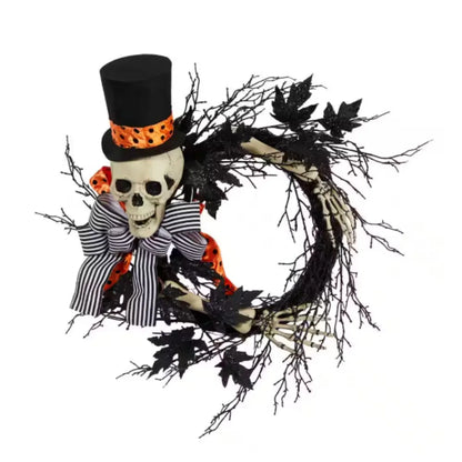 26 in. Black Dapper Skeleton Halloween Wreath，Scare the goblins and ghosts with this fun wreath that will be a hit. 1