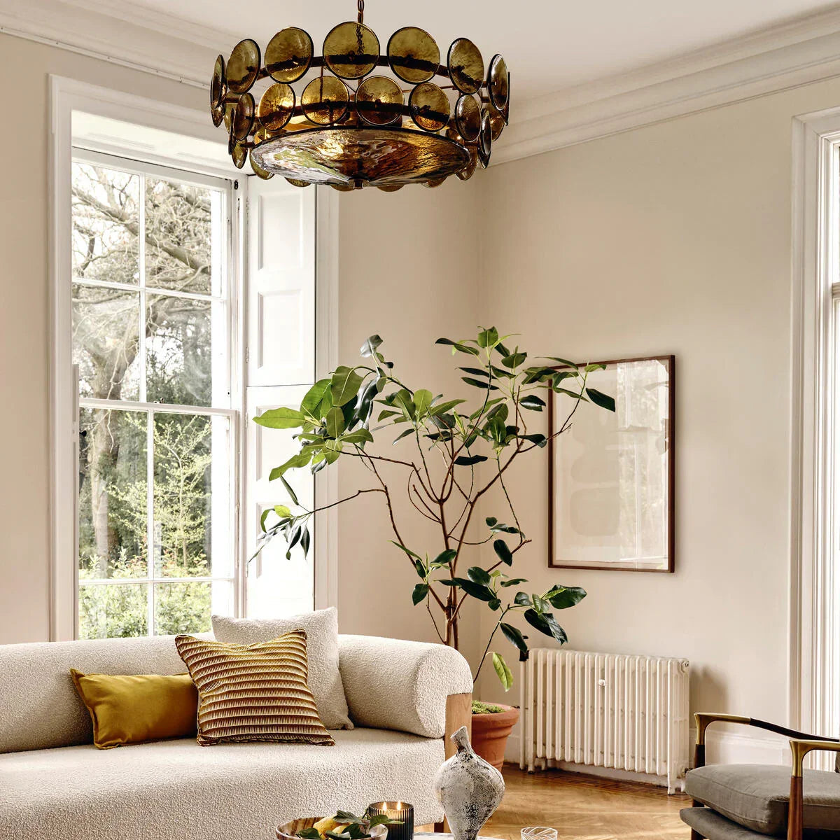 RoyaleGlow Modern Amber Glass Disc Chandelier Hanging Light Fixture For Dining Room
