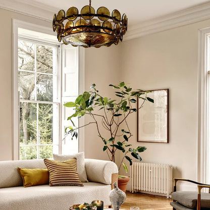 RoyaleGlow Modern Amber Glass Disc Chandelier Hanging Light Fixture For Dining Room