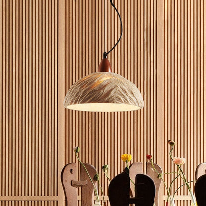 Lumora Terra Zen Pendant Light, Travertine Texture With Scalloped Edge And Walnut Accents For Japandi Modern Homes