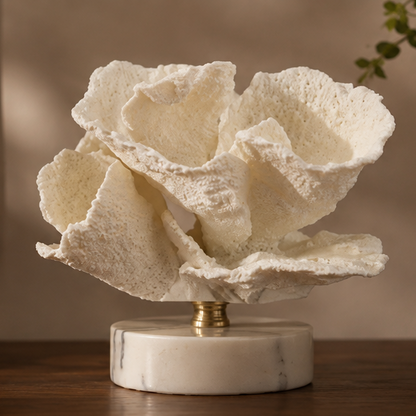Resin Coral Sculpture Decorative Ornaments White Coral on Simulation Marble Base Art Statues Desktop Statue for Home Office