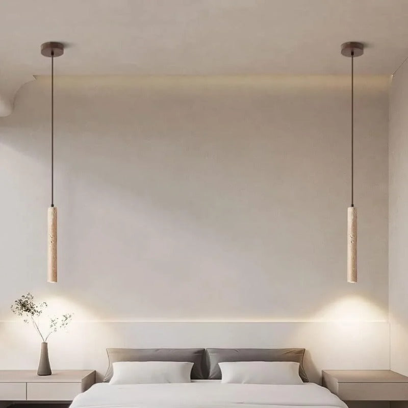 LuxRoyale Marbled Travertine Cylinder Pendant Light, Slim Wabi-Sabi Hanging Lamp