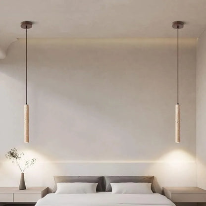 LuxRoyale Marbled Travertine Cylinder Pendant Light, Slim Wabi-Sabi Hanging Lamp