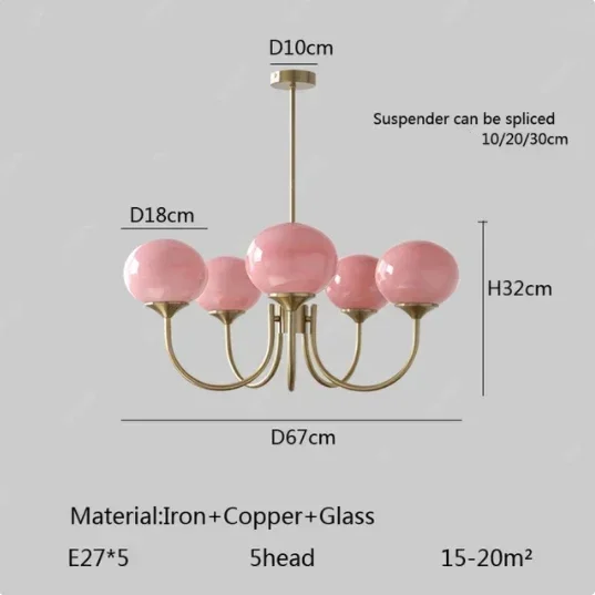RoyaleGlow Modern Orb Chandelier with Pink Glass Shades & Gold Metal Frame