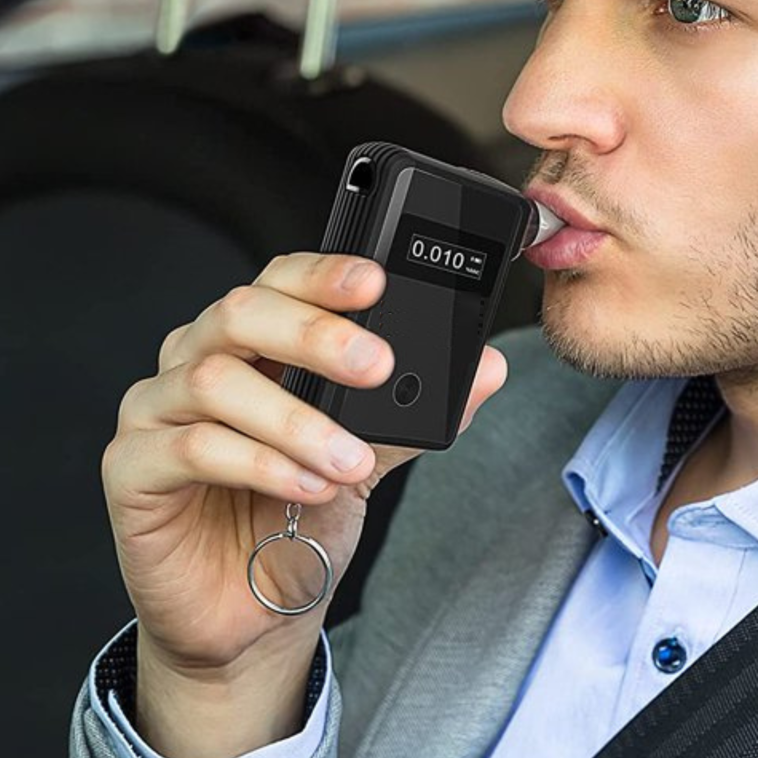 Smart compact portable breathalyzer tester with LCD screen and app connectivity, includes 5 mouthpieces, keychain, and AAA battery for accurate BAC results.
