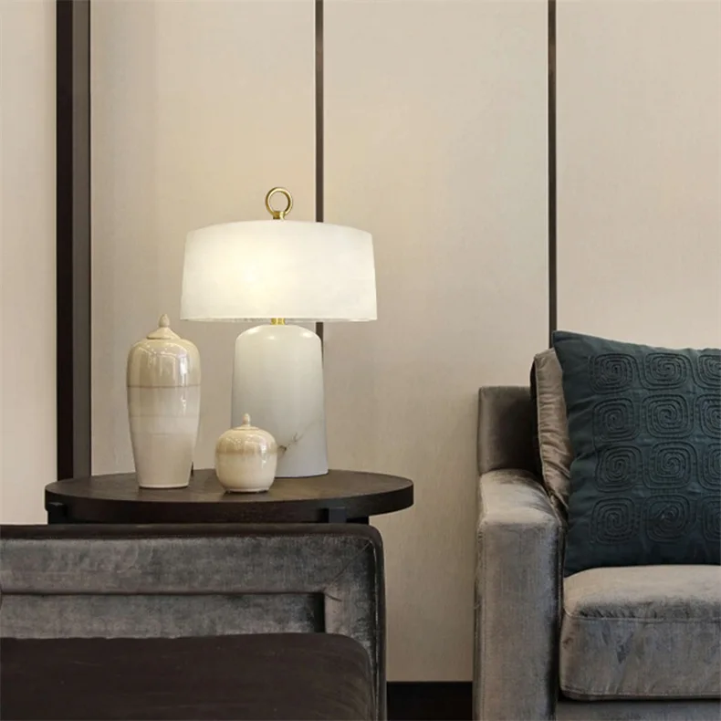 LuxRoyale Alabaster & Brass LED Table Lamp with Drum Shade & Ring Finial