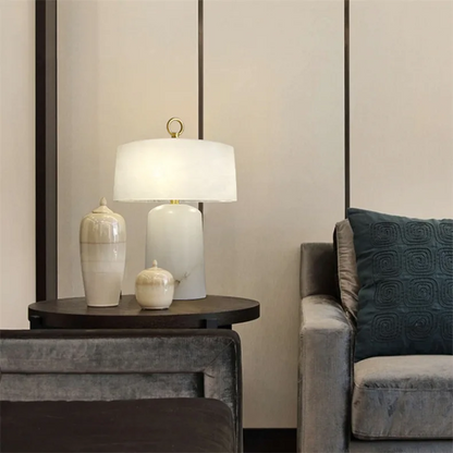 LuxRoyale Alabaster & Brass LED Table Lamp with Drum Shade & Ring Finial