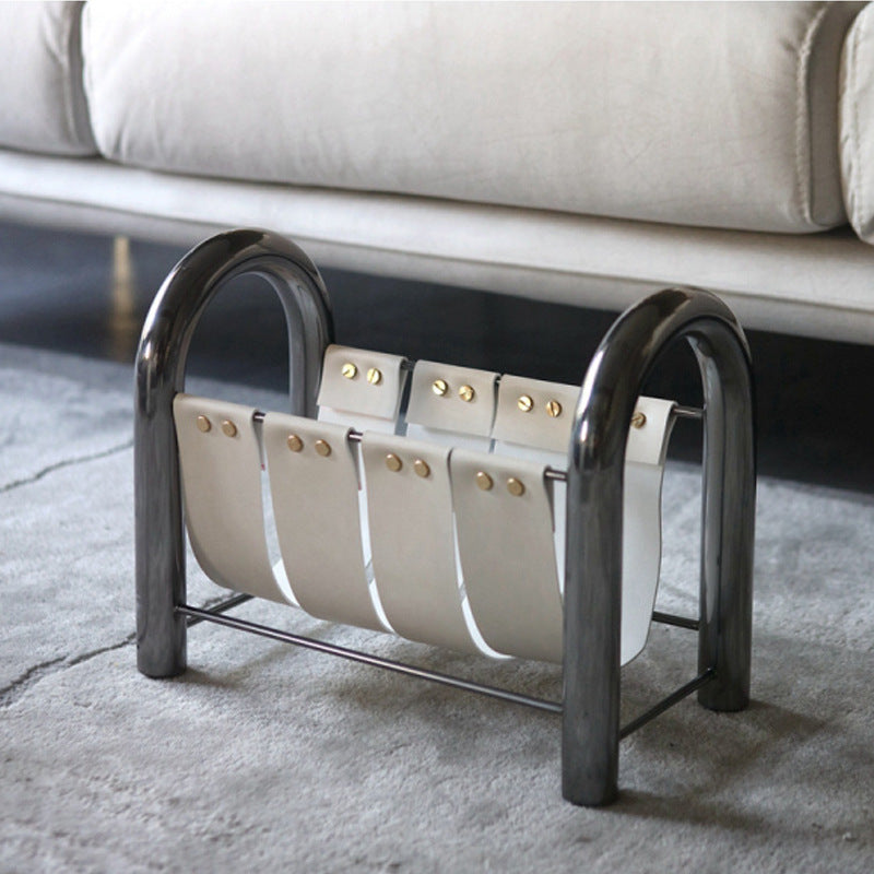 RoyaleGlow Modern Black Leather Magazine Holder with Metal Frame Storage Rack