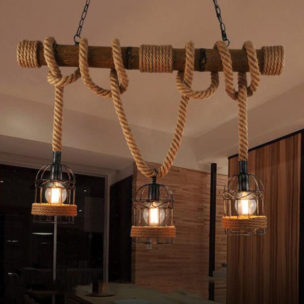 Royaleva Retro Hanging Lamp with Hemp Rope, Bamboo & Iron Cage Design