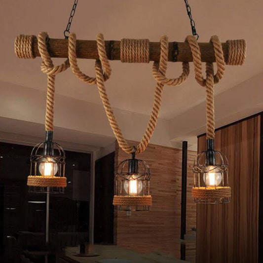 Royaleva Retro Hanging Lamp with Hemp Rope, Bamboo & Iron Cage Design