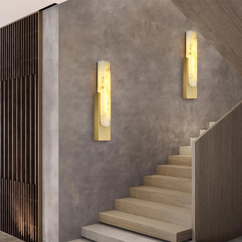 LuxRoyale Alabaster Wall Lamp With Veined Alabaster Shade And Brass Finish Modern Wall Sconce