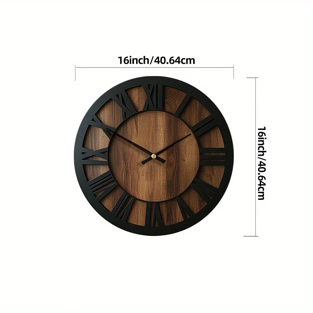 Royaleva Black Metal & Walnut Wall Clock Silent Roman Numeral Design