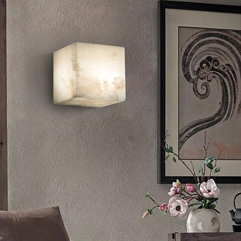 LuxRoyale Natural Marble Cube Wall Sconce Light-Modern Stone Accent Lamp