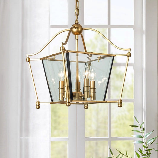 LuxRoyale Vintage Brass & Glass Pendant Light - 4-Light Frame Chandelier