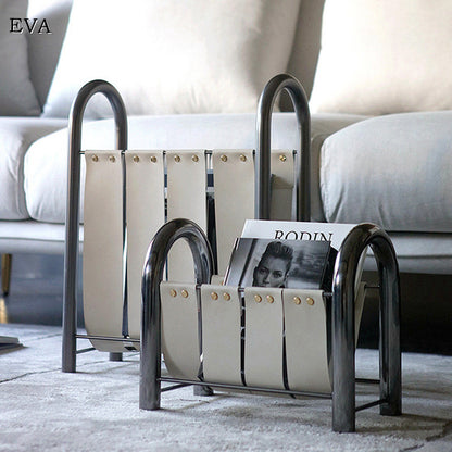 RoyaleGlow Modern Black Leather Magazine Holder with Metal Frame Storage Rack