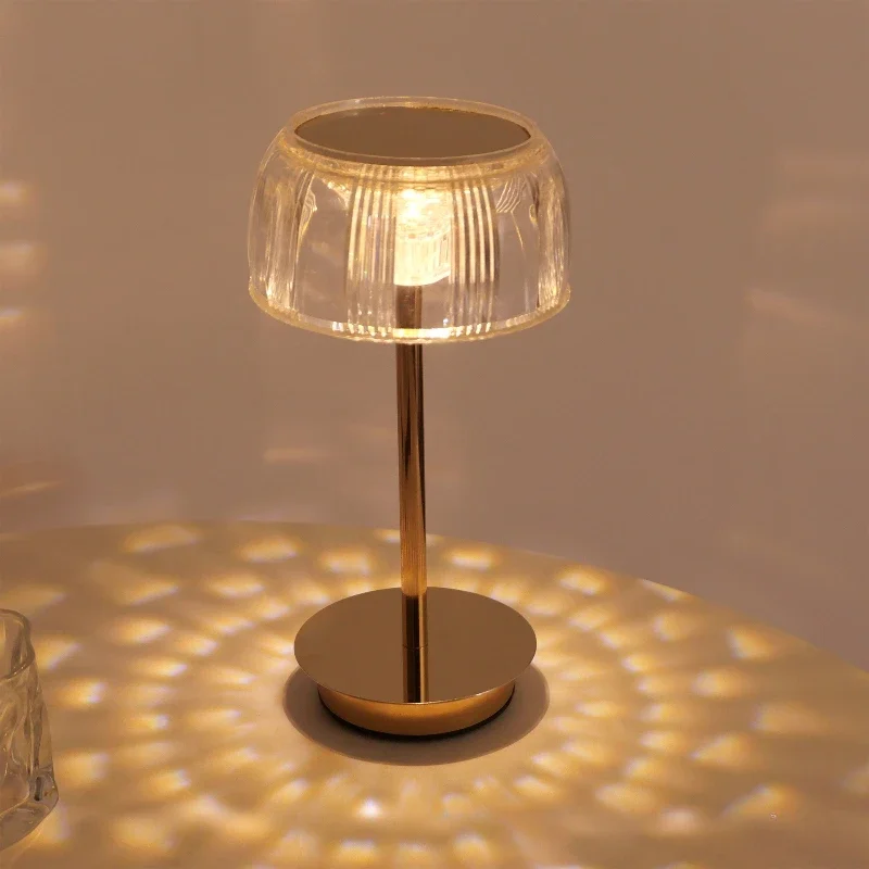 LuxRoyale Premium Cordless Brass Ribbed Acrylic Dimmable Table Lamp