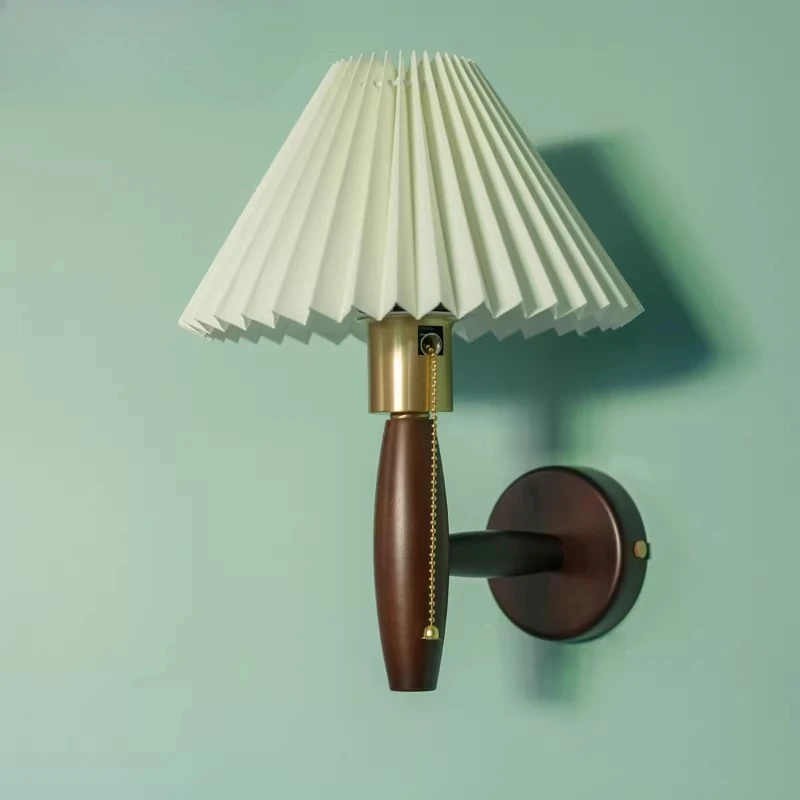 LuxRoyale Vintage Wood Wall Sconce with Pleated Fabric Shade for Bedroom & Hallway