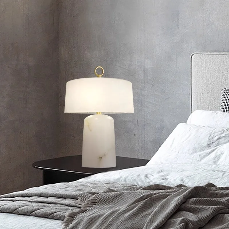 LuxRoyale Alabaster & Brass LED Table Lamp with Drum Shade & Ring Finial