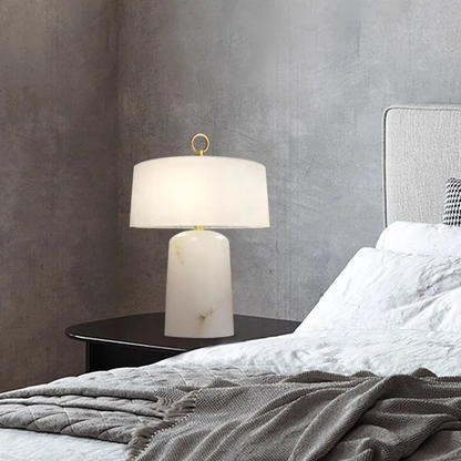LuxRoyale Alabaster & Brass LED Table Lamp with Drum Shade & Ring Finial