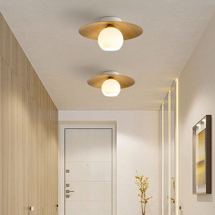LuxRoyale Modern Wood Ceiling Light with White Globe Shade, Flush Mount Lamp