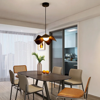 LuxRoyale Petal Wave Organic LED Pendant Light Lotus-Inspired Wood-Texture for Japandi Bedroom and Dining Room