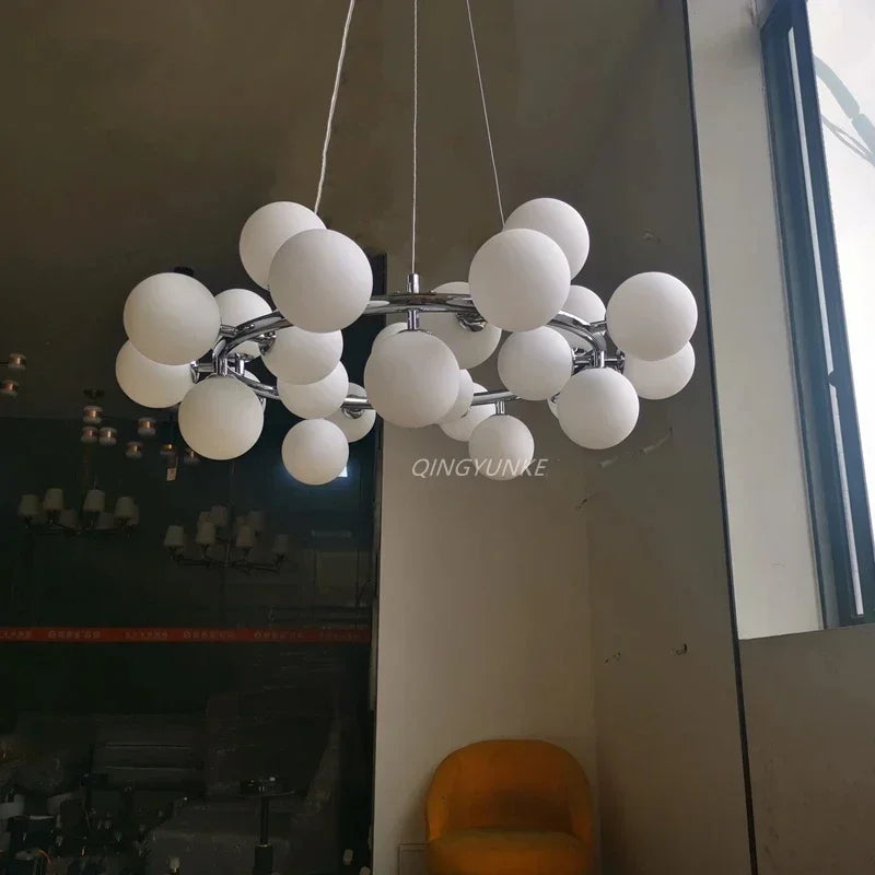 LuxRoyale Modern Gold Chandelier with White Glass Globes for Living Room