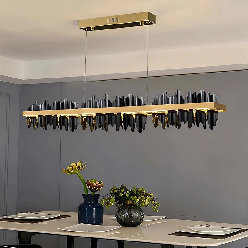 RoyaleGlow Linear Chandelier-Modern Dining Room Gold & Black Acrylic LED Light