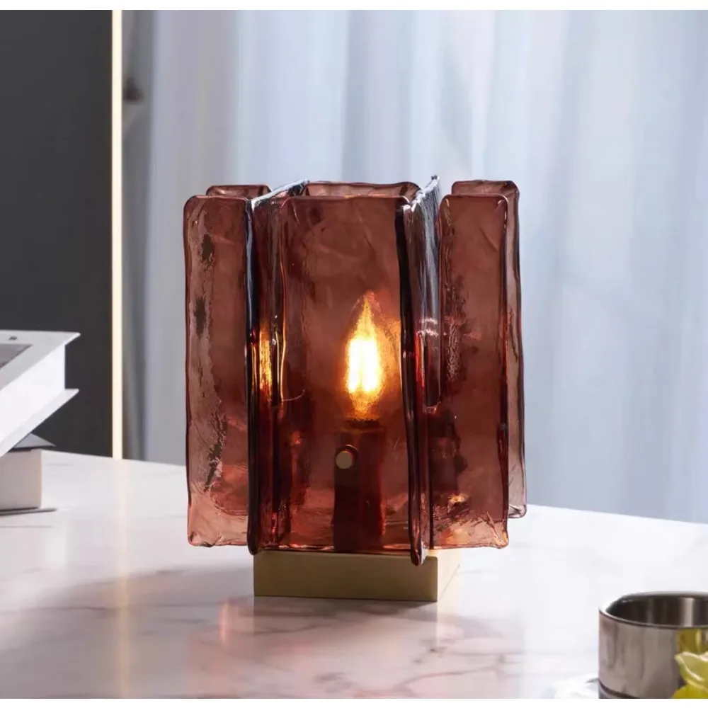 RoyaleGlow Amber Textured Artisan Glass Table Lamp - Dimmable Decorative Bedside Light