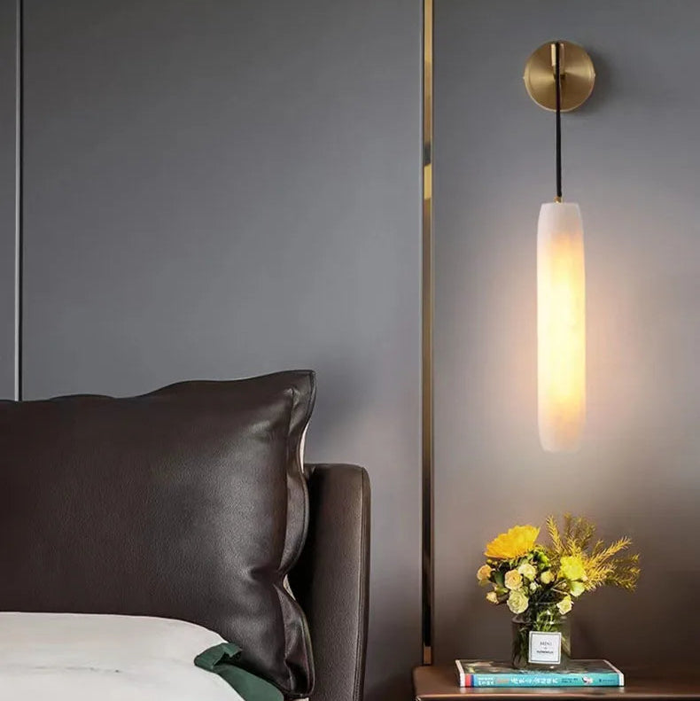 RoyaleGlow Modern Alabaster Wall Sconce - Elegant Brass & Stone Fluted Light
