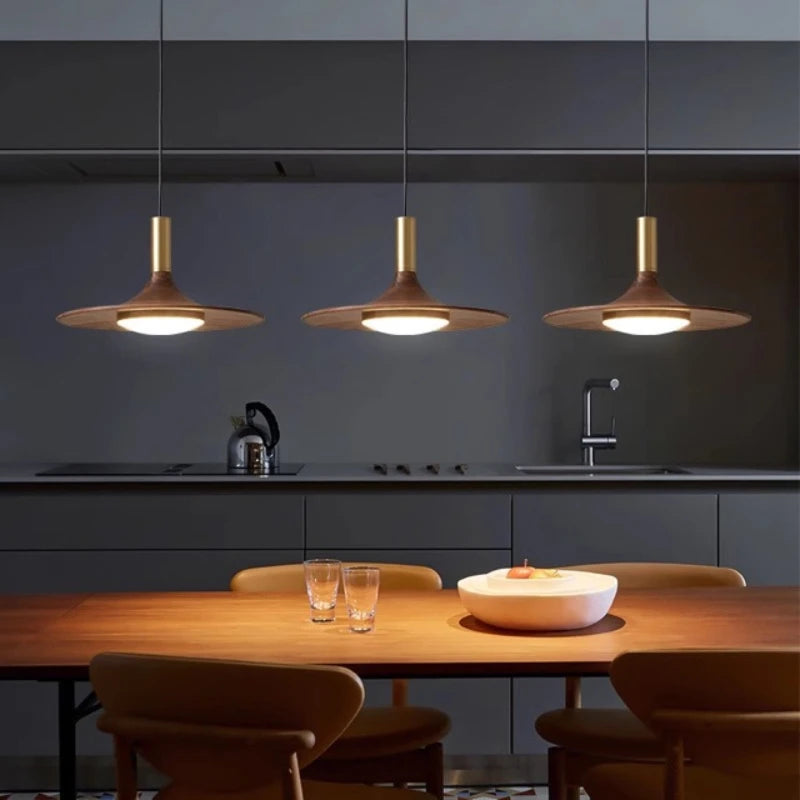 Lumora Elegant Wood & Brass Disc Pendant Light for Dining
