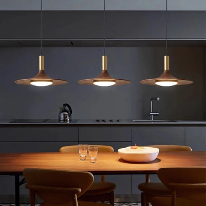 Lumora Elegant Wood & Brass Disc Pendant Light for Dining