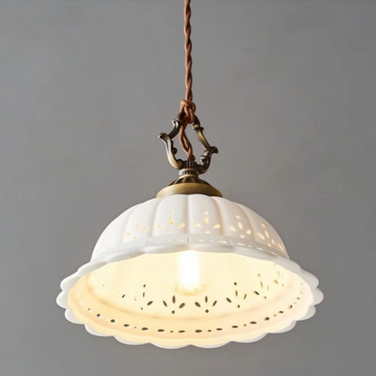 Royelux Vintage Porcelain Bell Pendant Light with Floral Cutouts and Scalloped Rim