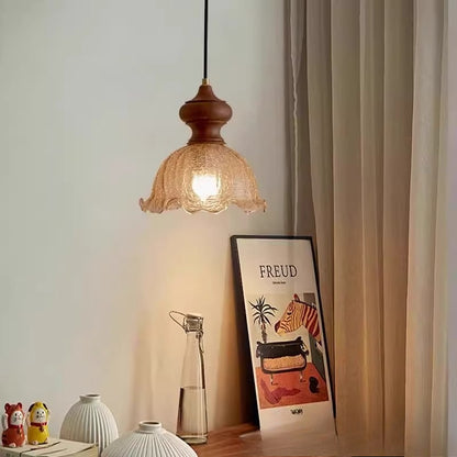 RoyaleGlow Vintage Rippled Glass Pendant Light with Brass & Wood for Kitchen & Dining Room