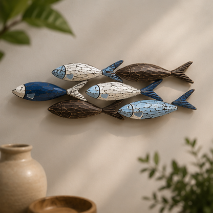 2 Pieces Wooden Fish Wall Art Decor, Coastal Fish Wall Art, 3D School of Fish Ocean Wall Decoration,Modern Marine Metal Wall Art Sculpture Decor,for Living