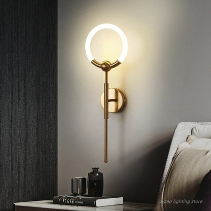 RoyaleGlow Modern LED Wall Sconce, Gold & Black Iron, Acrylic Circle Light for Bedroom