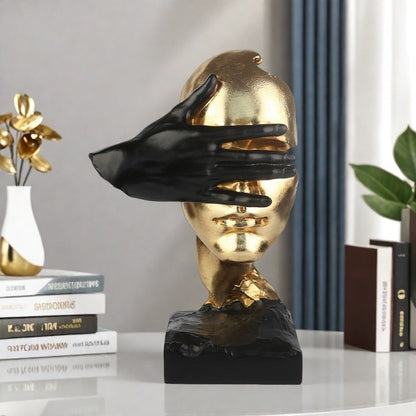RoyaleGlow Abstract Gold & Black Silence Face Sculpture - Modern Resin Art Decor