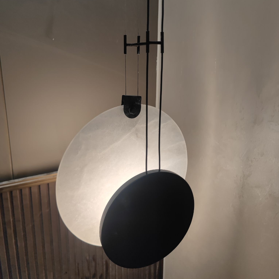 LuxRoyale Luna Alabaster LED Pendant Light-Black & White Disc Design