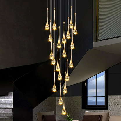 LuxRoyale Waterfall Gold LED Crystal Chandelier for Staircase Entryway