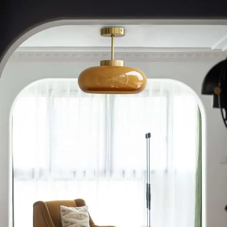 Lumora Vintage Semi-Flush Ceiling Light With Orange Dome Glass Shade For Bedroom