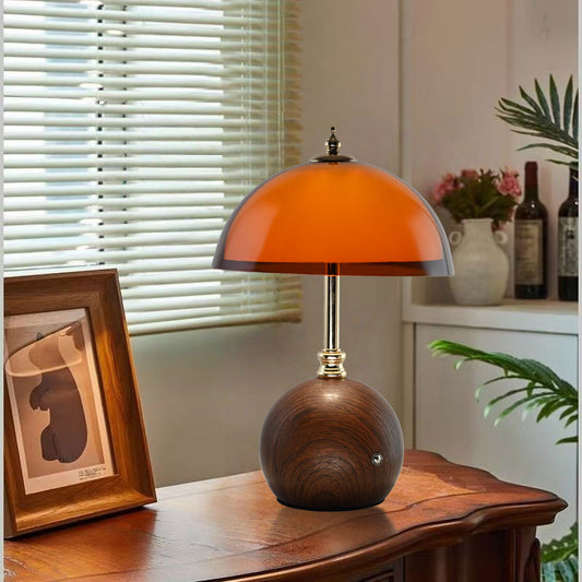 RoyaleGlow Rechargeable LED Table Lamp with Amber Shade & Wood Base
