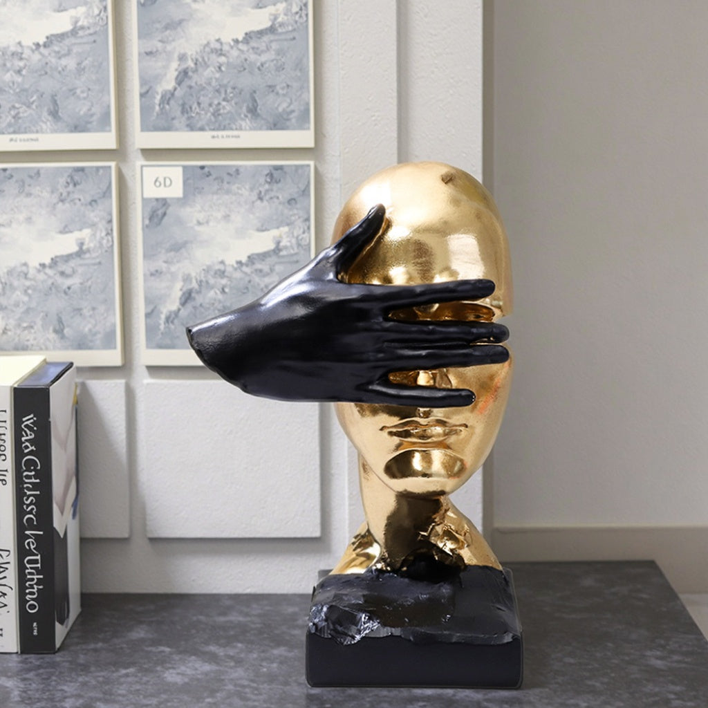 RoyaleGlow Abstract Gold & Black Silence Face Sculpture - Modern Resin Art Decor