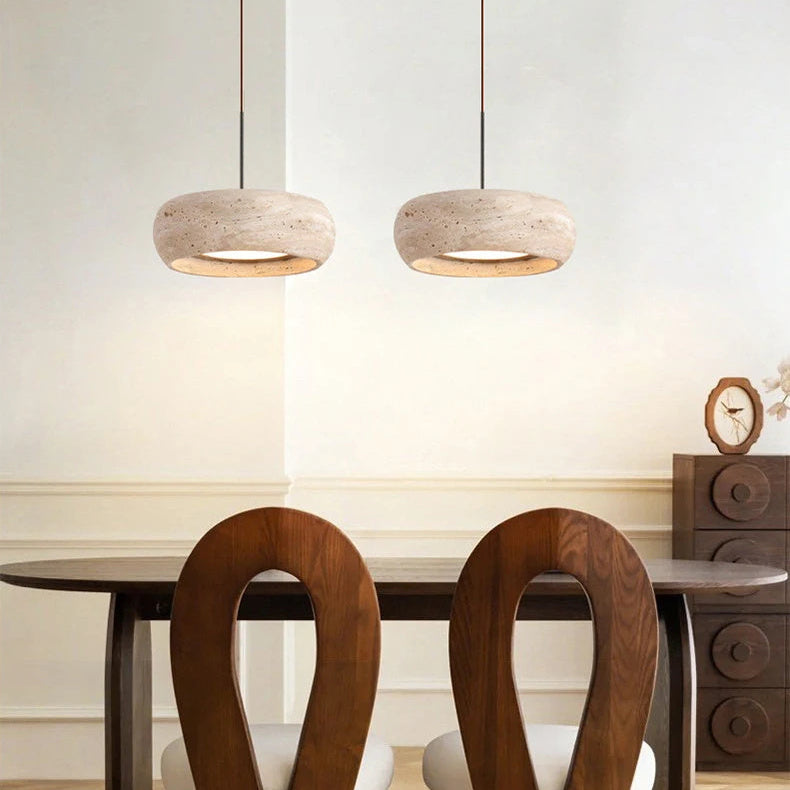 LuxRoyale Modern Travertine Pendant Light - Natural Stone Drum LED Hanging Lamp