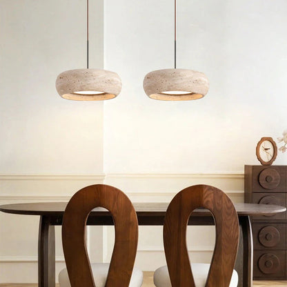 LuxRoyale Modern Travertine Pendant Light - Natural Stone Drum LED Hanging Lamp