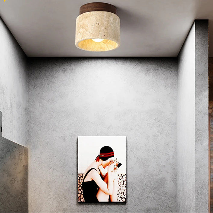 RoyaleGlow Japandi Travertine Wood LED Flush Mount Ceiling Light - Modern Minimalist