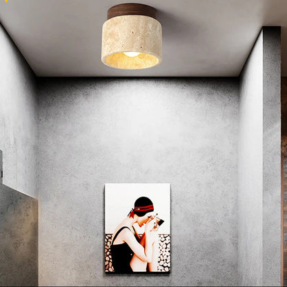 RoyaleGlow Japandi Travertine Wood LED Flush Mount Ceiling Light - Modern Minimalist