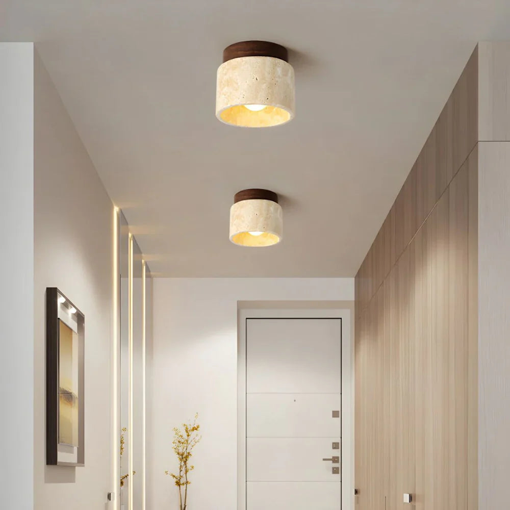 RoyaleGlow Japandi Travertine Wood LED Flush Mount Ceiling Light - Modern Minimalist