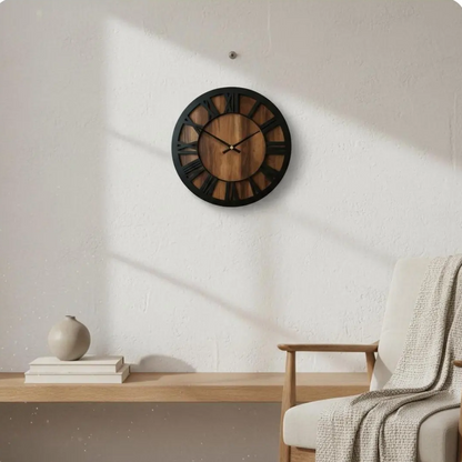 Royaleva Black Metal & Walnut Wall Clock Silent Roman Numeral Design