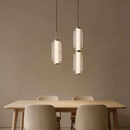 RoyaleGlow Modern Ribbed Glass Pendant Light - Brushed Gold Linear Cylinder Hanging Lamp